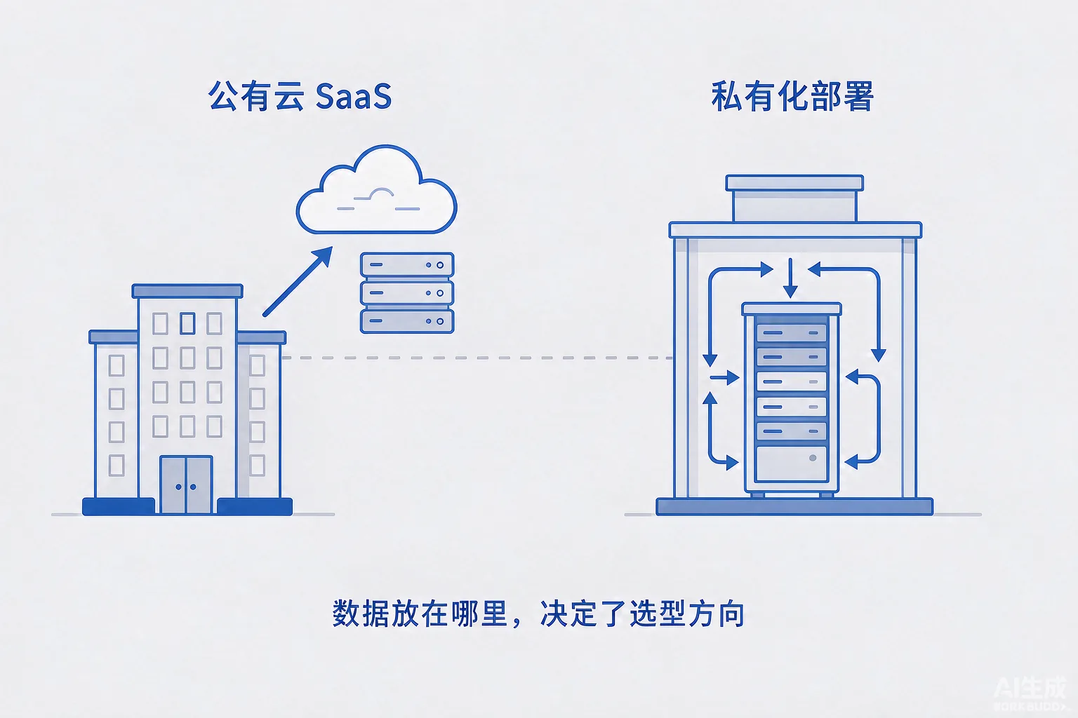 公有云 SaaS 与私有化部署的数据流向对比示意图,说明数据放在哪里决定了选型方向